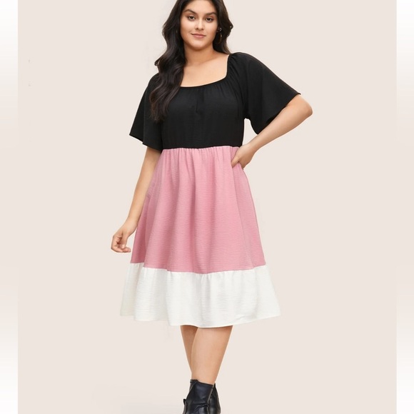 BloomChic Plus Size Colorblock Contrast Patchwork Gathered Raglan Sleeve Dress - Picture 1 of 8